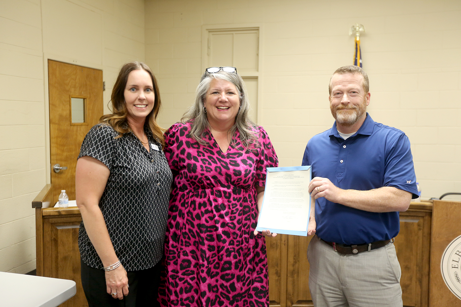 The Elbert County Chamber of Commerce's centennial anniversary was celebrated at all levels over the past week as the City of Elberton, Elbert County Board of Commissioners and State House Rep. Rob Leverett honored the Chamber with resolutions and proclamations. Pictured are (L-R) Chamber Executive Director Rebecca Long, Chamber Chair Susan Fortson and Commission Chairman Lee Vaughn. (Photo by Scoggins)
