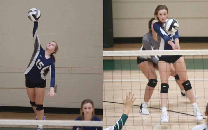 Left, Johna Johnson serves the ball in Elbert County’s 2-0 loss to Athens Academy. Right, Ryleigh Stowers bumps the ball in Elbert’s 2-0 loss to Athens Academy. Elbert picked up two wins over Greene County and Cedar Shoals last week to improve to 5-11 on the season. (Photos by Wells)