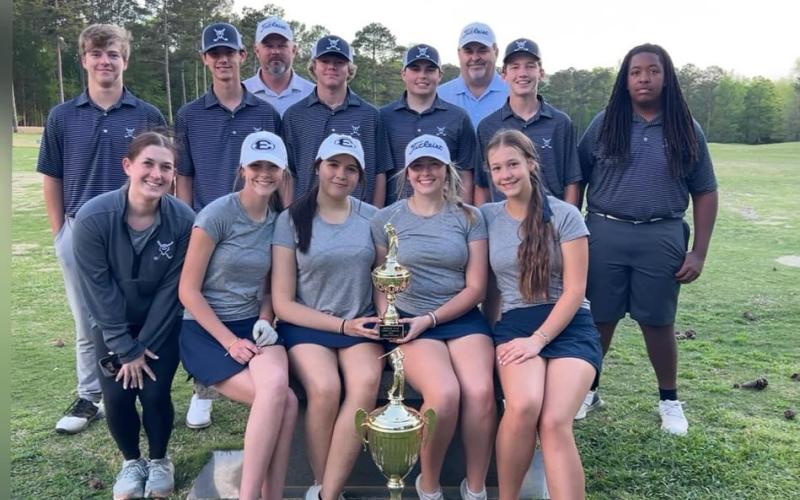 The Devils and Lady Devils golf teams pose with the Border War trophy after beating Hart County and Franklin County in three, nine-hole matches held at the home course for each team. (Photo courtesy of Elbert County Golf) 