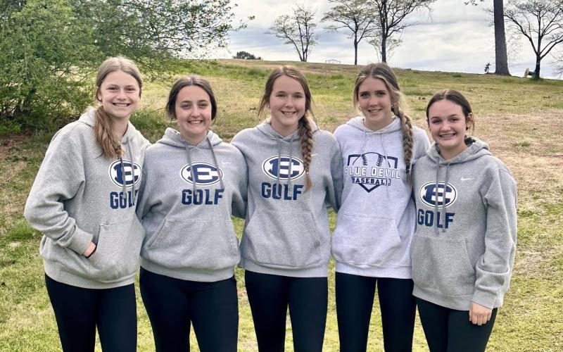 The Elbert County Middle School Lady Rams Golf team poses for a picture after the March 28 region championship match after posting a third-place finish. (Photo courtesy of Larry Kesler)