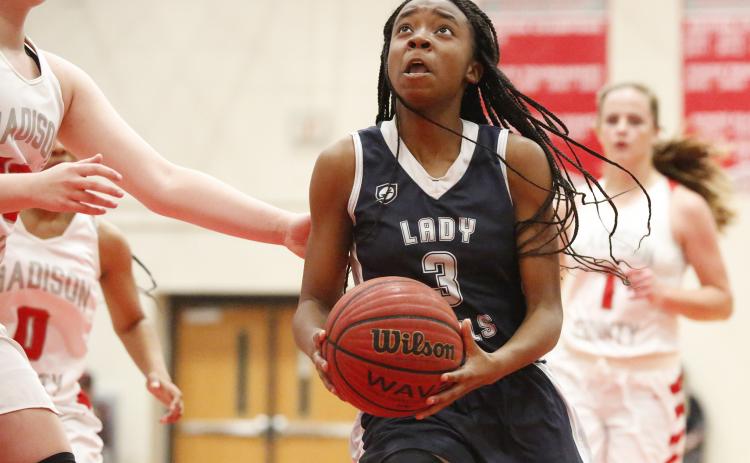 Lady Blue Devil freshman shooting guard Aaniah Allen scored 13 points during Elbert County’s 63-46 loss at Madison County Dec. 6 in Danielsville. (Photo by Cary Best)