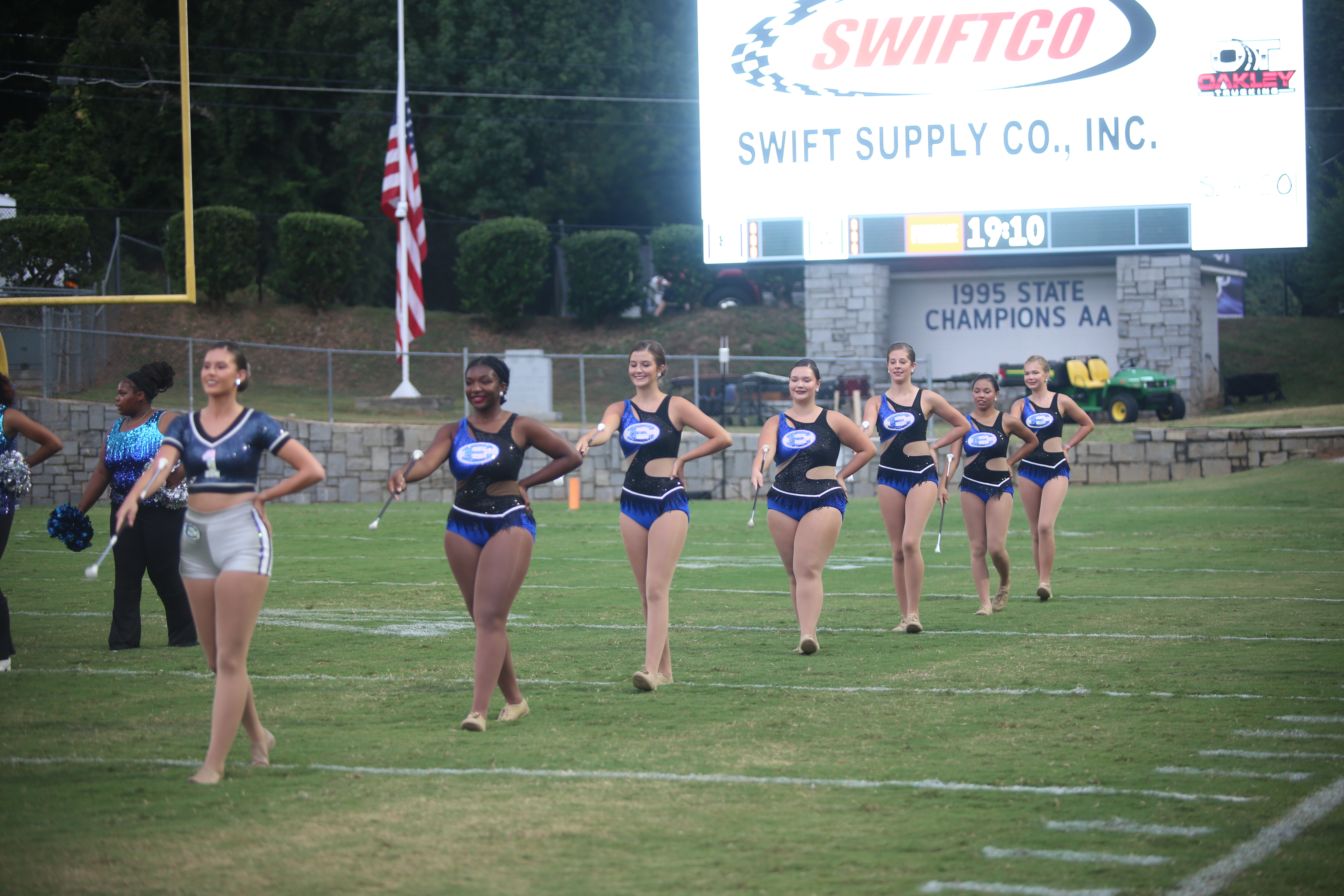 The Elbert County majorettes take the field before the game. (Photo by Bo Underwood)