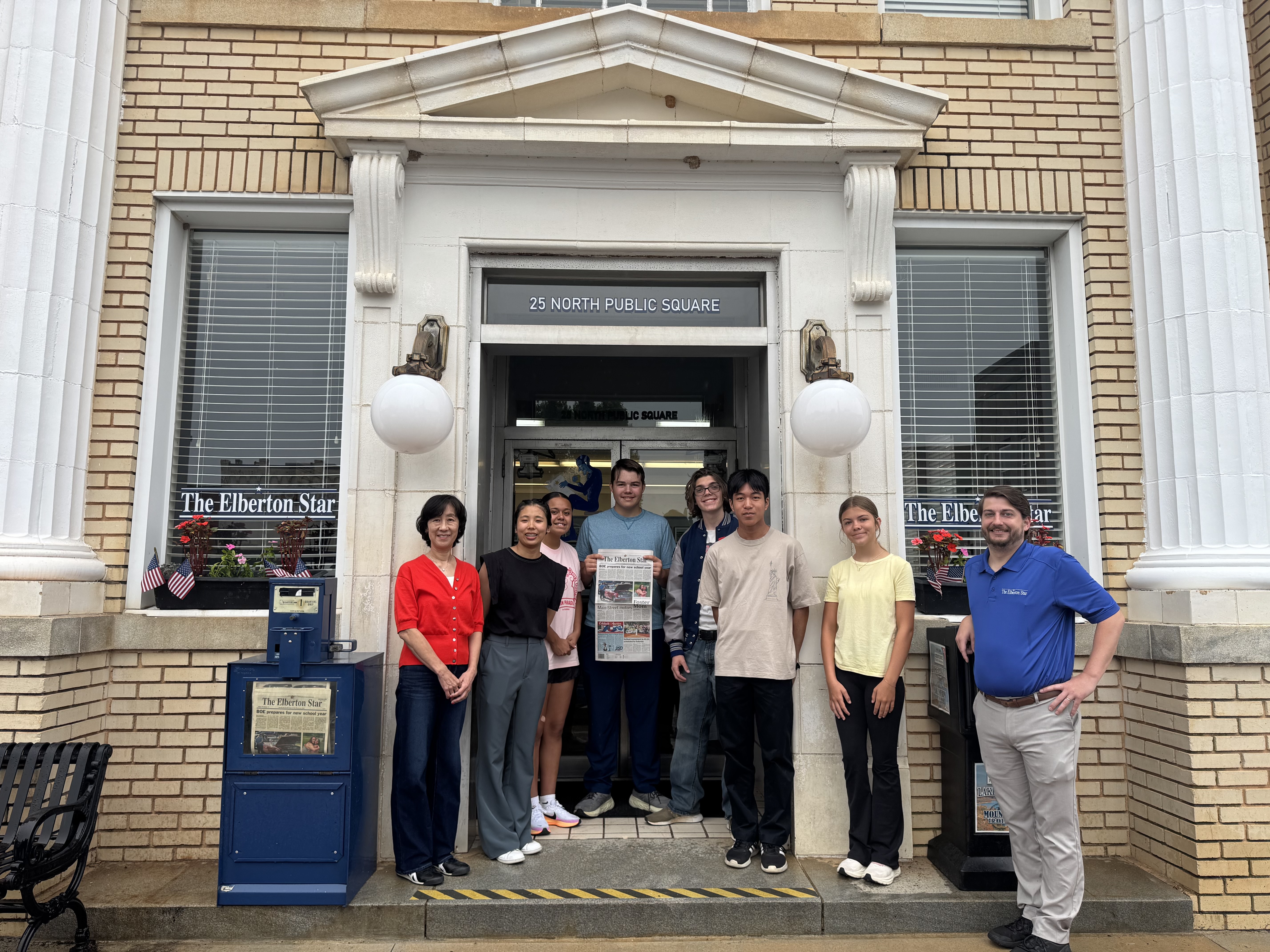 The Elberton/Mure Cho Sister City participants made a stop by The Elberton Star July 24 during their stay in Elberton. Pictured during the stop are (L-R) Yoko Morita, Anna Kubo, Ariel Moncallo, Thomas Hewell, Noah Sexton, Tomoki Arioka, Ever Chandler and Mark Wells. (Photo by Val Evans)