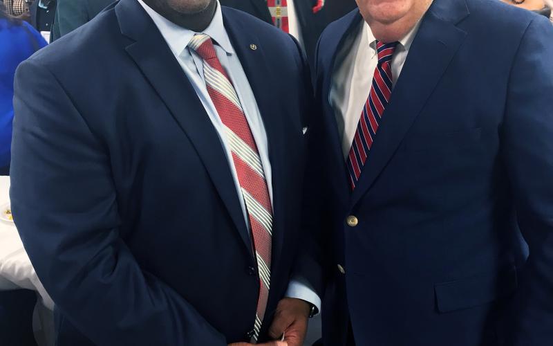 Clarke County School Superintendent Dr. Desmond Means (left) spoke to the Elbert County NAACP Saturday night at the Elberton Civic Center. Dr. Means talked with Elbert County School Superintendent Chuck Bell at the conclusion of Saturday’s 40th Annual Elbert County NAACP Banquet. (Photo by Jones)