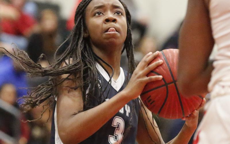 Lady Blue Devil freshman Aaniah Allen scored 19 points in Elbert County’s 58-46 loss at Union County Dec. 13 in Blairsville. (Photo by Cary Best)