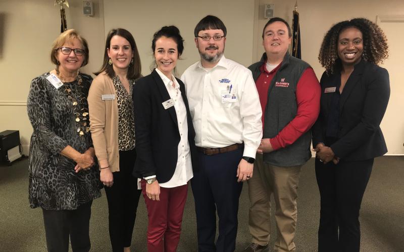 A rural health tax credit program that benefits EMH was discussed last week in the hospital’s Charles Ruff Room. Shown are (L-R) EMH Foundation’s Nancy Seymour, HEART’s Meghan Meyer, Chamber President Leslie Friedman, Elbert Memorial Hospital CEO Kerry Trapnell, Madden’s Pharmacy’s Don Piela and HEART’s Rosalyn Merrick. (Photo by Jones)