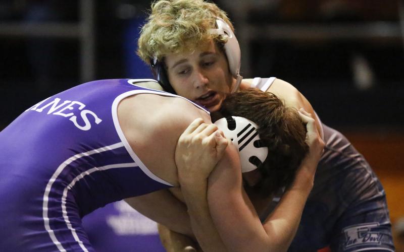 Mat Devil senior Nolan Johnson (right) defeated Monticello’s 145-pound Anderson Reid 6-0 during the 2020 6-AA Area Traditional tournament Feb. 1 in Elberton. (Photo by Cary Best)