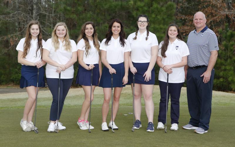 The 2020 Lady Blue Devil golfers are (L-R) Elizabeth Brady, Emaleigh Oglesby, Madison Webb, Eliza Banks, Ava Dye, Abby Bryant and coach Bruce Brown. (Photo by Cary Best)