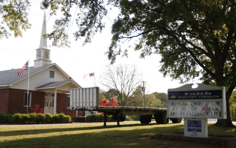 Faith Baptist Church, right outside of Bowman, has a stage set for drive-in Easter services. (Photo by Scoggins)