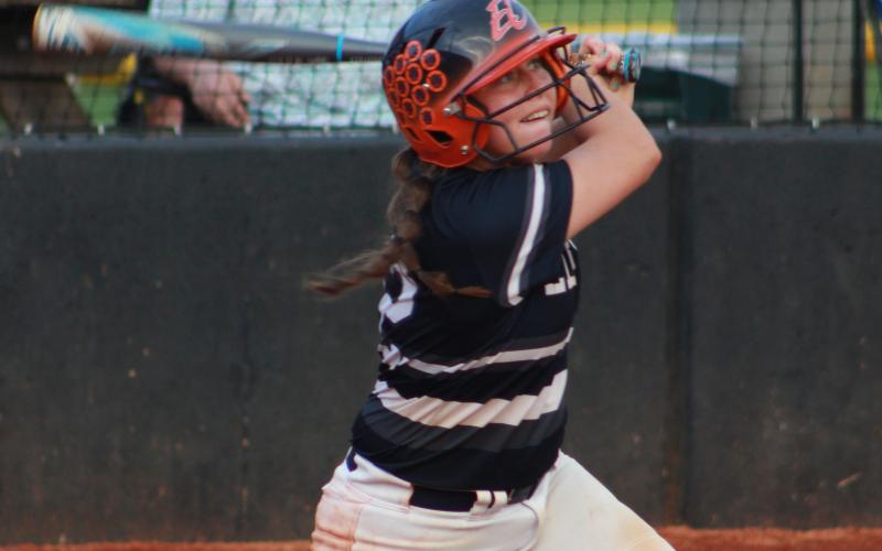 Makenly Rorick takes a swing in action against Franklin County Friday night in Carnesville. (Photo by Scoggins)