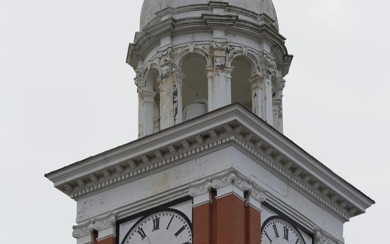 The Elbert County Board of Commissioners have a lot of tough decisions to make, including what to do about the cupola on the courthouse that is leaning precariously toward the square. (Photo by Scoggins)