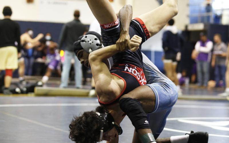 Senior Tyshawn Hughes secured his 100th career win Dec. 19 in the Oconee County Tommy Warren Duals. (File photo by Scoggins)