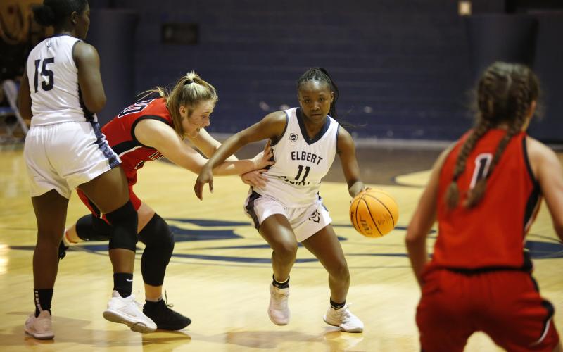 Sophomore Terrace Hester rushes down the court against a Rabun County Lady Cat in Friday’s competiton in the Inferno. (Photo by Scoggins)