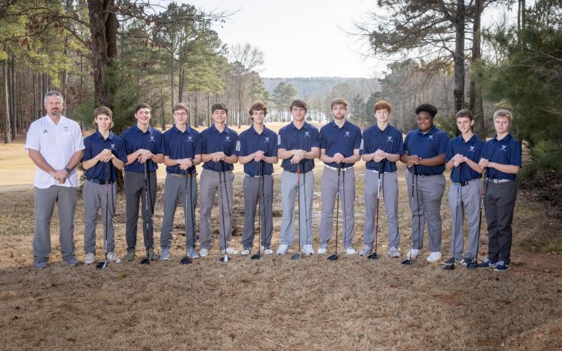 The Elbert County Blue Devil golf team consists of (L-R) Coach Larry Kesler, Slate Crook, Alex Dunbrack, Jake Harper, Thomas Brady, Levi Johnson, Brady Starrett, Ethan Cone, Braydon Scarborough, Kamuri Willis, Landon Cagle and Hayden Marunich.