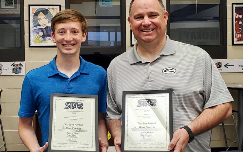 STAR Student at Elbert County Comprehensive High School (ECCHS) for 2020-2021 is Justin Bastyr (left), according to an announcement made by ECCHS and the Elbert County Chamber of Commerce. As his STAR Teacher for the year, Bastyr selected his AP Statistics teacher, Alton Smith (right).