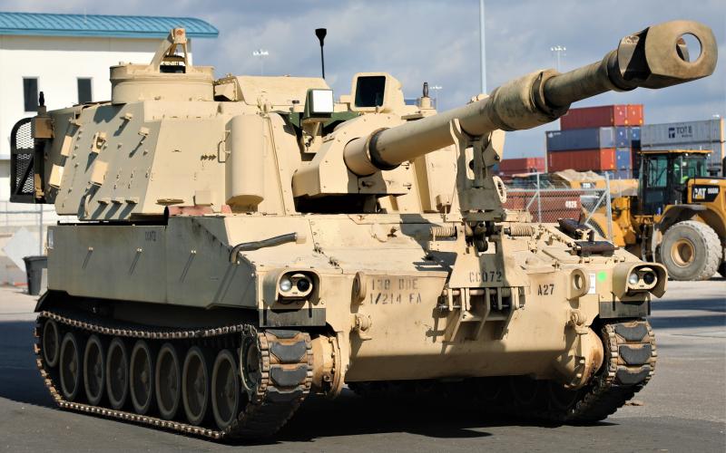An M109A6 Paladin howitzer assigned to the Hartwell-based Alpha Battery, 1st Battalion, 214th Field Artillery Regiment, 648th Maneuver Enhancement Brigade, Georgia Army National Guard moves to a loading dock May 10, 2021, in Jacksonville, Florida. The self-propelled howitzer was one of over 200 Georgia Army National Guard vehicles that deployed to Morocco for participation in exercise African Lion 21. 