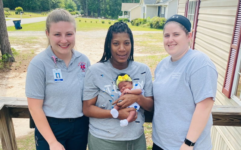 Pictured are (L-R) advanced EMT Sydney McIntosh, Mom Calissa Mattox, Baby girl A’Lire and paramedic Conner Taylor