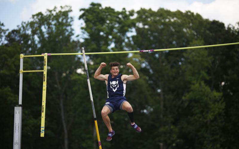 Senior Thomas Vaughn reacts to claiming the AA pole vault state championship Friday, May 14 at McEachern High School in Power Springs. Vaughn finished by clearing 14 feet and is the first state champion pole vaulter in Elbert County. (Photo by Scoggins)