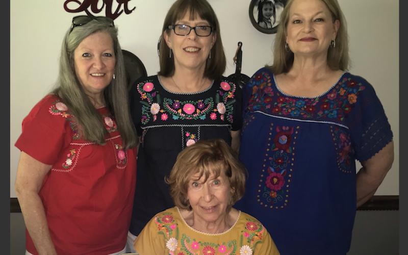 World travelers visiting in Elberton (standing, L-R) two weekends ago included hostess Twyla Lovinggood, Sharon Taylor, Camille Kateb and Diane Hughes (seated with Shenna Shepard on Zoom). (Photo by Jones)