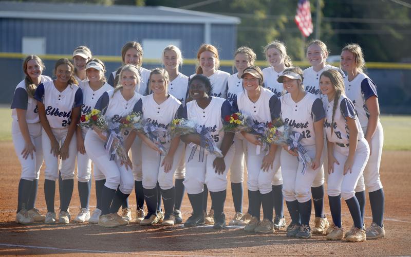 The Elbert County Lady Devils softball team honored the five Lady Devil seniors before Monday’s last regular season home game at Wesley King Field. Pictured before the game were (front row, L-R) seniors Chesnee Brown, Liberty Burnette, Chantille Syphore, Dallas Dean and Makenley Rorick and freshman Hannah Brady; (back row, L-R) Emalise Andrews, Carmen Burden, Miller Drake, Reagan Baker, Jaynee Webb, Ava Lunsford, Emily Booth, Jayda Wood, Lilly Ray and Katelyn Edwards. (Photo by Scoggins)