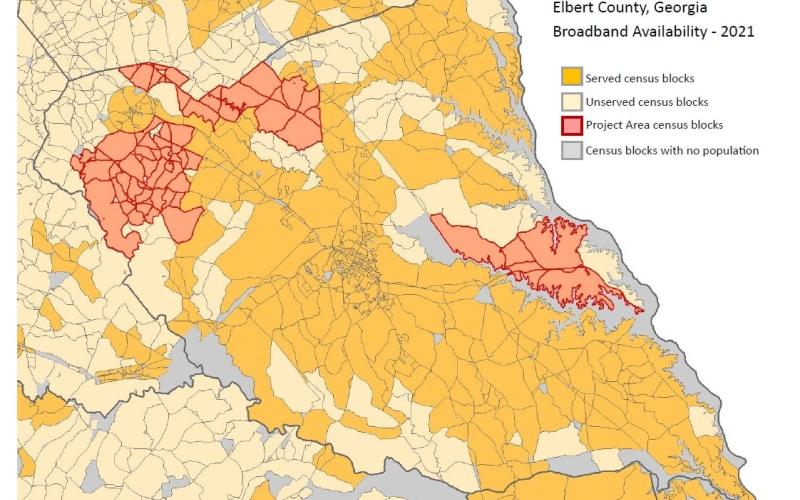 The areas in light red are the areas ElbertonNET is considering for a new broadband expansion in 2022.