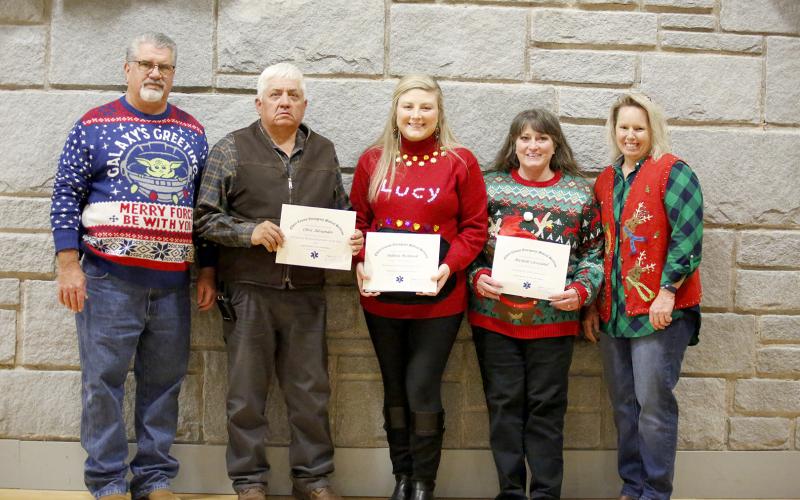 Elbert County Emergency Medical Services (EMS) honored members of the staff as First Responder, EMT, Paramedic and Communications Officer of the Year during their annual Christmas banquet and awards Thursday, Dec. 2 in the Historic Rock Gym. Pictured above are EMS Director Chuck Almond, First Responder of the Year Chris Alexander, EMT of the Year Sydney McIntosh, Paramedic of the Year Michelle Cleveland and EMS Deputy Director Beth Seymour. (Photo by Scoggins)