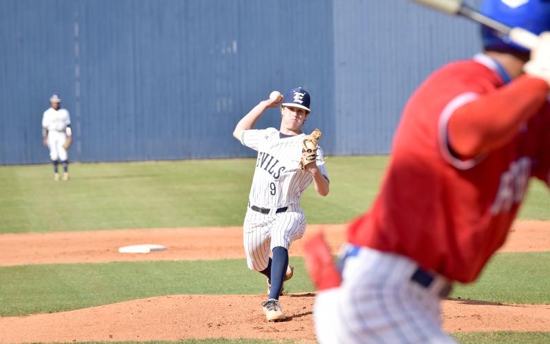 Senior Caden Brown throws a pitch during the first game against Oglethorpe County High School Thursday, April 7. (Photo by Shane Scoggins, Publisher of the Franklin County Citizen)
