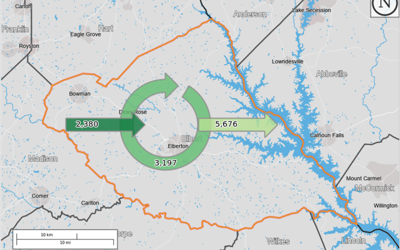 According to the United States Census Bureau’s data from the United States Census for the year 2019, 5,676 people in Elbert County’s workforce leave the county for work while 3,197 people in Elbert County live and work within the county. The data also shows that 2,380 people that live in other counties enter the county for work. (Photo from the United States Census Bureau’s inflow/outflow counts of all jobs for Elbert County from 2019)