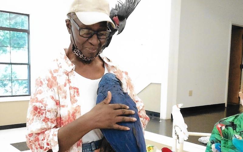 Della Wheeler poses with her new parrot friends during the “Bean and Bird” show at the Bowman Community Center Friday, June 10.