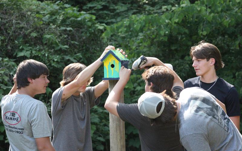 Members of the Key Club at Elbert County Comprehensive High School install birdhouses at Sutton Park Friday, May 20. (Photo by Wells)