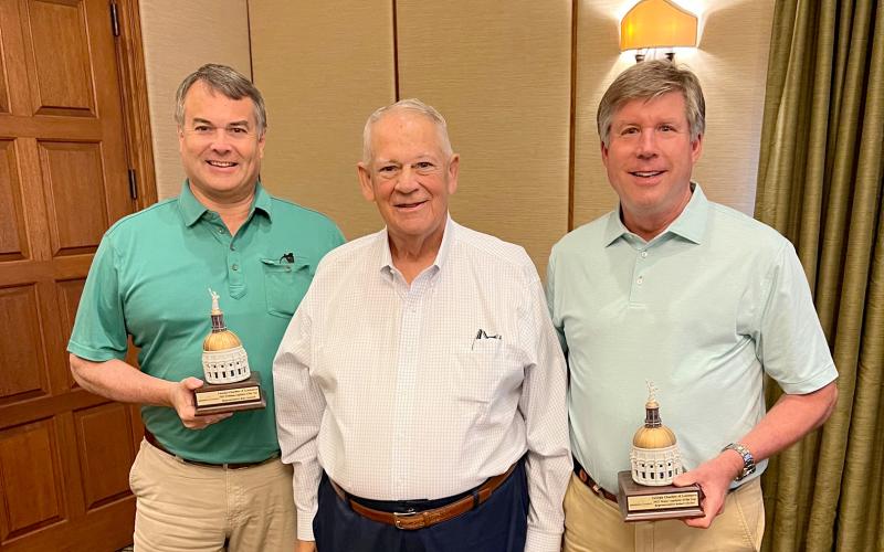 Georgia House Rep. Rob Leverett was named the Freshman Legislator of the Year by the Georgia Chamber of Commerce. Leverett (left) is pictured with (L-R) Speaker of the Georgia House David Ralston and Robert Dickey, Chairman of the House Agriculture and Consumer Affairs Committee.  Dickey won Representative of the Year.