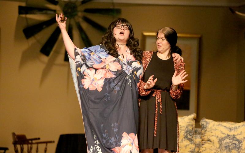 Molly Barrow plays Gentle Harmony (left) while Kayla Hiott plays Peaches Verdeen Belrose in the upcoming production of ‘Rex’s Exes’ at the Elbert Theatre. The show opens Friday, June 3 and runs two weekends. (Photo by Scoggins)