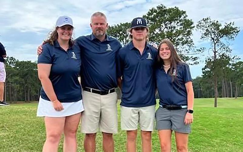 Elbert County golfers Abby Bryant, Ava Dye and Brady Starrett were selected to participate in the Georgia High School Golf Coaches Association North/South All-Star Event in Moultrie June 7 through June 9. Pictured during the event are (L-R) Dye, Head Coach Larry Kesler, Starrett and Bryant.