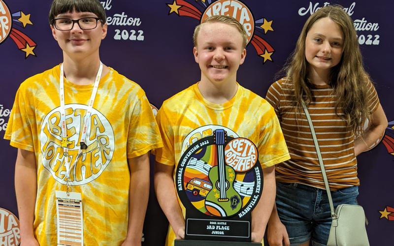 Elbert County Middle School Beta Club members (L-R) Adrian Jenkins, Cooper West and Marley Geyer took home third place in the nation for the Book Battle competition at the middle school convention in Nashville June 26 through June 30. Jenkins also took home second place in the nation for the math competition.