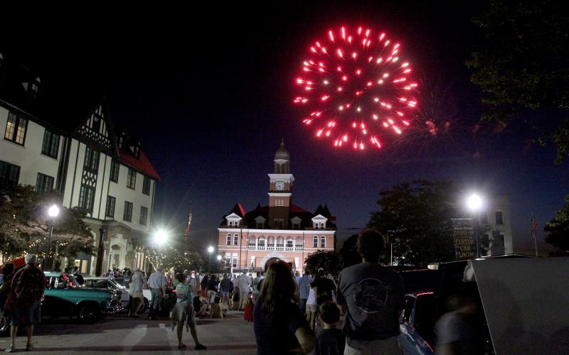 Main Street Elberton and the Elbert County Chamber of Commerce’s annual Cruise-In and Classic Car Show was followed by a grand finale of fireworks over the Elbert County Courthouse Saturday, July 16. The downtown square was packed with cars and people during the event. Main Street Director Crystal Beebe said this year’s car show was the largest show to-date. For more photos of the event, see page 7. (Photo by Scoggins)