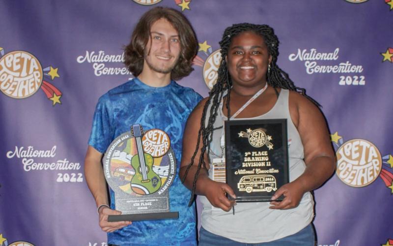 Elbert County Comprehensive Beta Club members (L-R) Alex Bennett and Talaysha Thornton took home fourth place for recyclable art and ninth place in the nation for drawing during the high school convention in Nashville July 1 through July 4.