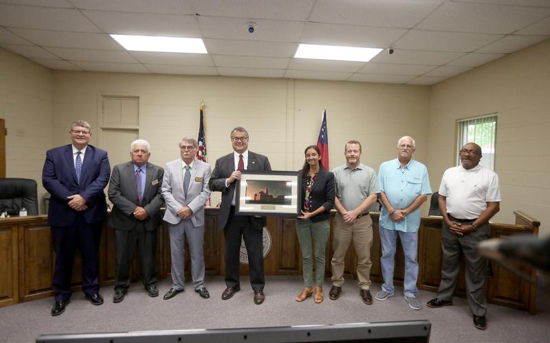 Georgia House Rep. Rob Leverett was honored by the Association of County Commissions of Georgia (ACCG) during Monday’s Elbert County Board of Commissioners meeting with a 2022 Legislative Service Award. Pictured during the meeting are (L-R) County Attorney Bill Daughtry, commissioners Chris Alexander and Casey Freeman, Leverett, Kathleen Bowen from the ACCG, commission chairman Lee Vaughn and commissioners Kenneth Ashworth and Freddie Jones. See the full press released on page 10. (Photo by Scoggins)