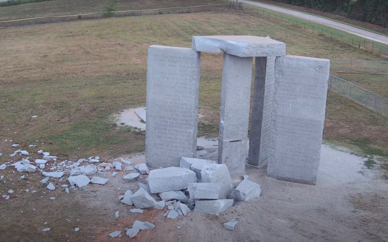 Drone footage from Elbert County Emergency Services shows the aftermath of the bombing at the Georgia Guidestones Wednesday, July 6. After a request from the Georgia Bureau of Investigation, the Elbert County Board of Commissioners authorized the demolishing of the monument later that afternoon. (Photo taken via screen shot of drone footage from Elbert County Emergency Services)
