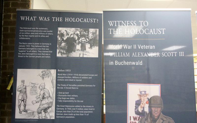 The first exhibit of a three-exhibit tour on the Holocaust is on display at the Elbert County Public Library until Aug. 22. The second exhibit will begin Aug. 29. (Photo by Scoggins)
