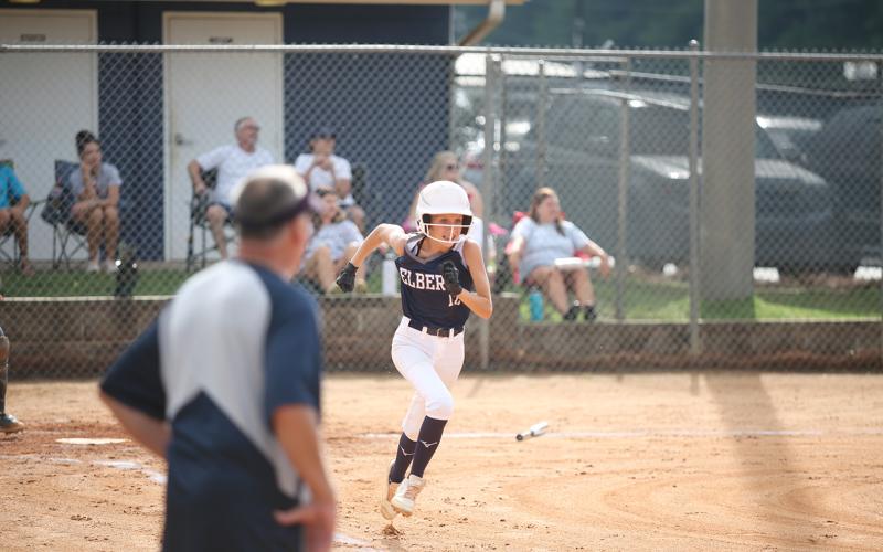 Peyton Jenkins makes her way to first base during the Lady Rams’ exhibition game against Washington-Wilkes Saturday, July 30.