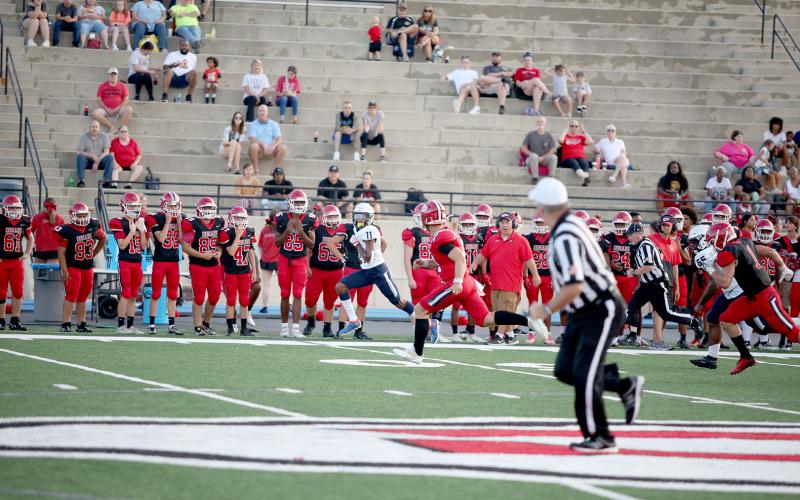 Devil Christian Harris intercepted a Stephens County pass for a 69-yard touchdown during the first half of Friday’s scrimmage. (Photos by Scoggins)