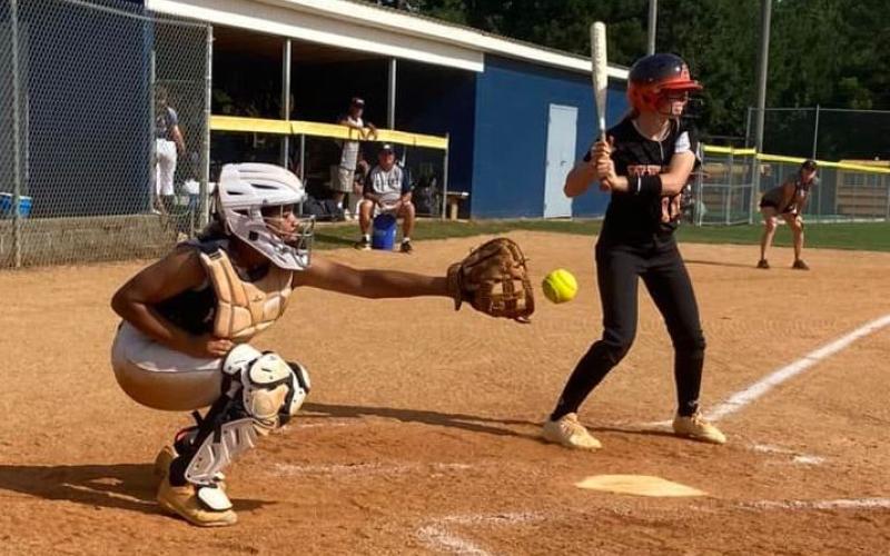 Lady Ram Nakiya Dubose makes a catch during the middle school’s rescheduled game against Hart County Aug. 23 at Wesley King Field. The Lady Rams defeated Hart County 8-7 and Rabun County 19-3 Aug. 25 to move to a 6-3 record for the season. Elbert is scheduled to travel to Hart County Sept. 6 at 5:30 p.m. (Photo courtesy of Elbert County True Blue Booster Club)