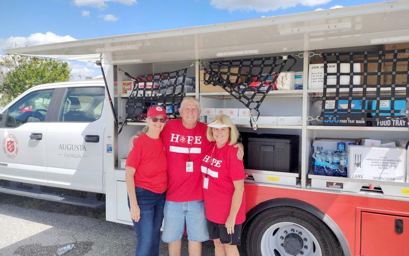Elbert County Salvation Army members (L-R) Trudy Kannenberg, Joe Johnson and PJo Phelps helped last week with Hurricane Relief efforts in Venice, Florida.