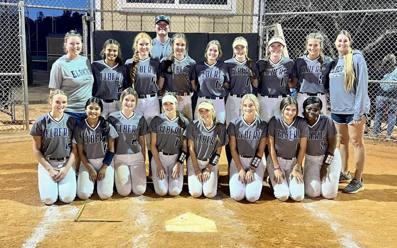 Pictured after Thursday’s game were (front row, L-R) Emily Booth, Kimberly Hernandez, Londyn Blackmon, Hannah Brady, Gracie Brady, Jaynee Webb, Kelsey Woodall and Heaven Robinson; (back row, L-R) Coach McCall Faulkner, Carmen Burden, Ava Lunsford, Coach Drew Greer, Reagan Baker, Emalise Andrews, Miller Drake, Lilly Ray, Kamryn Webb and Coach Bria Bush. (Photo by Bethany Booth)