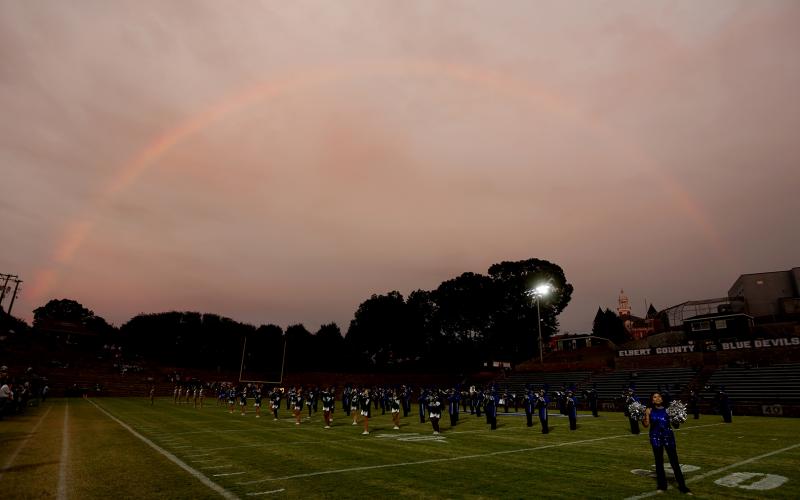 A rainbow appeared over the Granite Bowl during the pre-game festivities of Thursday’s homecoming football game. The game was rescheduled to Thursday as a precaution to potential weather impacts from Hurricane Ian. (Photo by Scoggins)