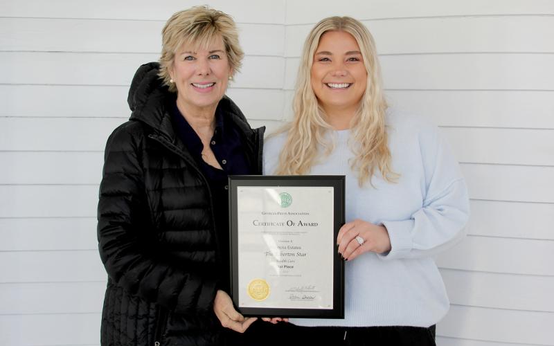 The Elberton Star recently won a trio of first place awards in the Georgia Press Association’s 2022 Advertising Contest. Pictured with the awards are (left photo, L-R) Star Advertising and Sales Representative Valerie Evans and Magnolia Estates’ Kailey Winn. (Photo by Scoggins)