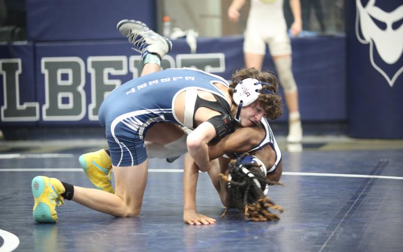 Elbert County Middle School Mat Ram wrestled with the junior varsity Mat Devils during the JV Inferno Invitational Tuesday, Nov. 22. Fleming finished third in the 106-pound weight class for the day. (Photo by Wells)