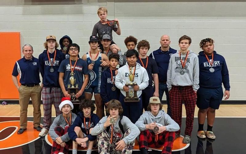 The Elbert County Middle School Mat Rams finished in second place during the region duals at Hart County Dec. 10. Pictured following the meet are (first row, L-R) Cruz Floyd, Lane Fleming, Brycin Hughes and Matt Coker; (second row, L-R) Coach Eli West, Owen Robertson, Alvin Medellin, Kaden Montgomery, Justin Skelton and  Jesus Mills; (third row, L-R) Javares Bowman, Rilee Rucker and Cooper West, Rashaad Moss, T.J. Osborne, Coach Marc Fleming, Hudson Fleming and Brenton Willis.