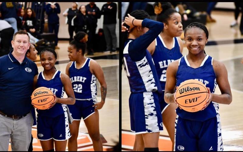 Senior Lady Devil Terrace Hester hit her 1,000th career point during Elbert’s 82-51 win over Hart County Friday, Dec. 23. Hester was recognized for the achievement during the game. (Photos courtesy of Elbert Count True Blue Booster Club)