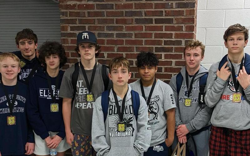 Junior varsity wrestlers who competed in the East Metro Tournament over the winter break and finished in the Top 6 in their weight division were (L-R) Cooper West, Rilee Rucker, Lane Fleming, Brycin Hughes, Cruz Floyd , Jesus Mills, Sawyer West and Hudson Fleming.